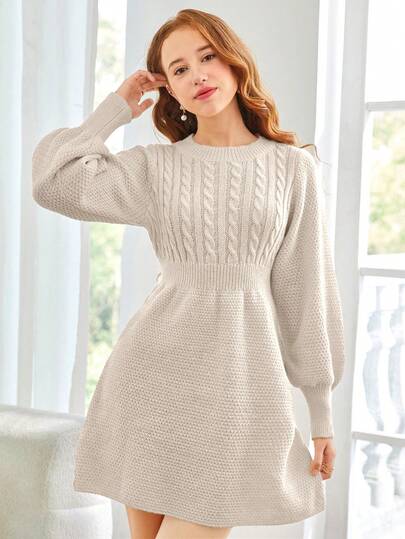 SHEIN Vestido casual elegante de manga abullonada con cuello redondo de punto texturizado y ajuste de cintura acampanado para adolescentes, en color caqui, para otoño/invierno