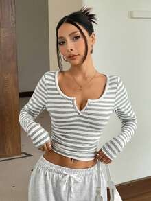 CovetEZ Women's New Arrivals Cotton-Feel Striped Half-Zip T-Shirt