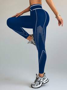 Slayform Women's Asymmetric Waist Hollow Design Casual Fitness Leggings - Navy Blue - View 6