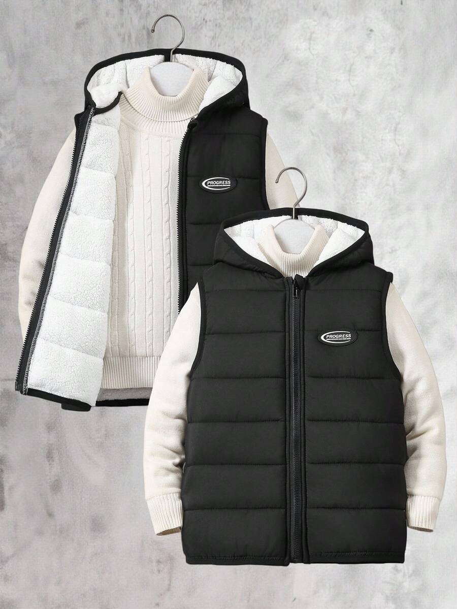 Vacaura Boys' Casual Hooded Letter Embroidered Padded Cotton Vest, Autumn/Winter