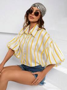 SHEIN Privé Striped Print Lantern Sleeve Shirt - Yellow - View 4