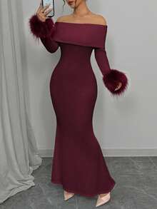 Elenzga 女士纯色简约休闲露肩连衣裙，流苏袖口装饰长款女装 - 酒紅色 - 查看 6