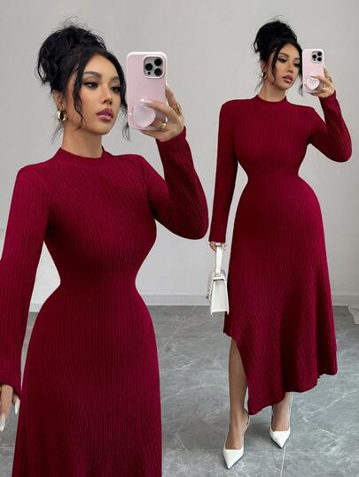 Elenzga Elegant Textured Wavy Hem Asymmetrical Hem Fitted Stand Collar Midi Dress, Versatile Autumn Daily Wear, Wine Red