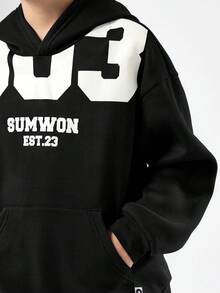 SUMWON Oversized Boys Pullover Hoodie With Large Number Print And Text Graphics Casual Comfort Sweatshirt For School Vacation - Black and White - View 5
