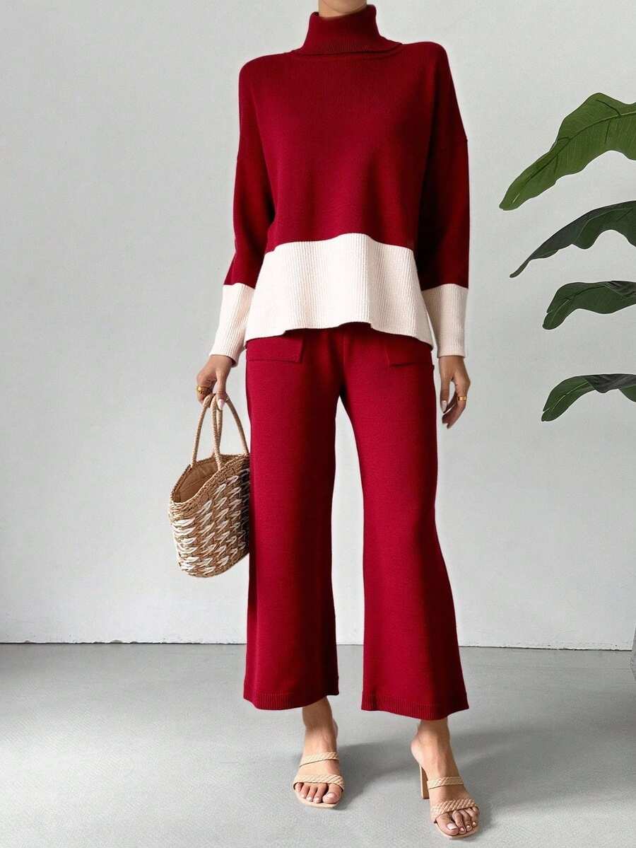 Conjunto de Punto Suéter de Cuello Alto y Pantalón Amplio - Burdeos - Ver 1