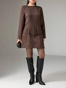 Heiryn 女式纯色圆领长袖系带休闲短款连衣裙 - 棕色 - 查看 3
