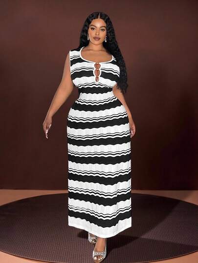 Veslaya 2025 Autumn And Winter New Plus Size Women's Clothing/Autumn Women's Clothing/Returning To School/School Clothing/Y2k/Street Style/Dating/Going Out/Work/Office/Women's Airport Clothing/Party/Commuting/Elegance/Cocktail Party/Punk/Decadence/Valentine's Day/Fashionable Social Women's Clothing Black And White Wave Pattern Hollow Bead Tank Top Bag Body Medium Long Dress