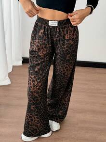 SHEIN Tall 女士豹纹编织腰带拼接阔腿街头裤 - 咖啡棕 - 查看 6