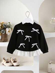 女婴毛衣 时尚可爱圆领长袖针织上衣，配有3D蝴蝶结、刺绣花卉下摆拼接，柔软舒适，适合春、秋、冬、日常、户外、旅行、度假、居家、托儿所等场合穿着。另有女婴黑白连衣裙、黑色连衣裙、白色领连衣裙、优雅女婴上衣、黑色女婴服装、女婴服装、黑色蝴蝶结女婴服装、婴儿针织衫等。 - 黑色 - 查看 10