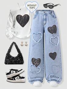 少女爱心牛仔直筒裤，休闲时尚舒适学院风！浅蓝色水洗面料，舒适透气，裤腿上饰有多处爱心贴片和刺绣爱心装饰，彰显个性与创意。高腰弹力腰带搭配拉链设计，方便穿脱。直筒剪裁，修饰身材比例。适合日常出行、返校、校园活动、周末休闲等各种场合，打造时尚独特的女孩造型！ - 淺色水洗藍 - 查看 1