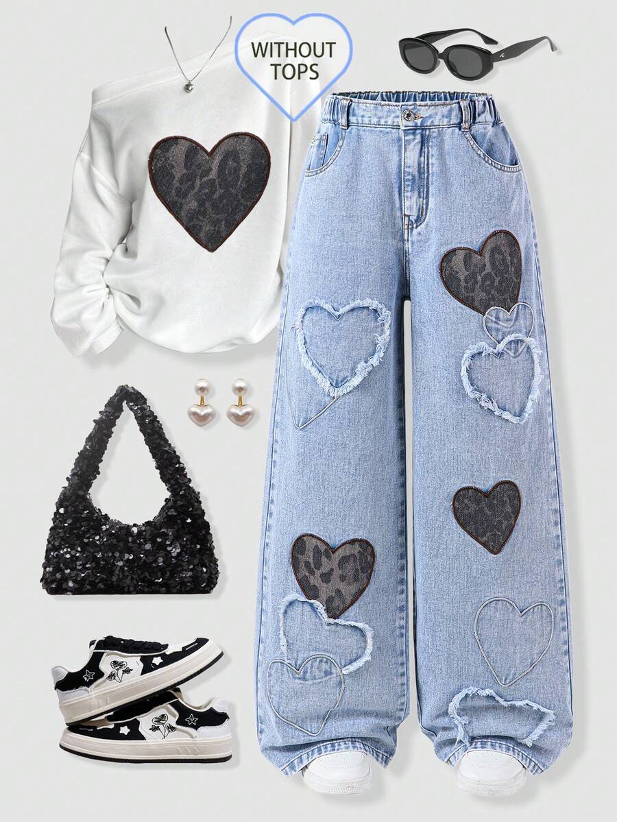 少女爱心牛仔直筒裤，休闲时尚舒适学院风！浅蓝色水洗面料，舒适透气，裤腿上饰有多处爱心贴片和刺绣爱心装饰，彰显个性与创意。高腰弹力腰带搭配拉链设计，方便穿脱。直筒剪裁，修饰身材比例。适合日常出行、返校、校园活动、周末休闲等各种场合，打造时尚独特的女孩造型！ - 淺色水洗藍 - 查看 1