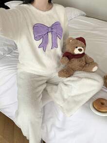 少女睡衣，1 套，毛绒面料蝴蝶图案半开襟宽松睡衣，冬季休闲家居服 - 紫色 - 查看 4