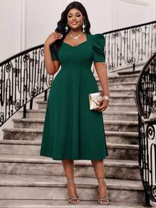 SHEIN Lady 春夏优雅通勤/办公室/派对/婚礼/鸡尾酒会/音乐会/音乐节红色针织甜心领喇叭袖羊腿袖中长短袖大码连衣裙/生日/活动礼服/婚纱/节日礼服/夏季女装/夏季连衣裙/婚礼宾客礼服/女士生日装/生日派对服装/女士节日服装/女士音乐会服装/女士邮轮服装 - 墨綠色 - 查看 7