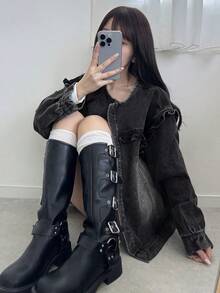 FRIFUL 女士休闲水洗牛仔外套，荷叶边下摆，秋季款 - 黑色 - 查看 3