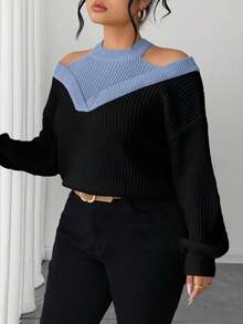 SHEIN Elenzya Women's 2 In 1 Off-Shoulder Contrast Color Sweater - Blue - View 5