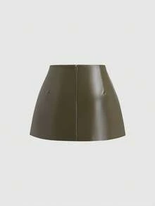 Sweetra Sexy Low-Waist Chic PU Leather Slit Mini Skirt, Spring/Summer - Army Green - View 2