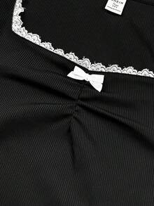 Camiseta casual de manga larga con busto fruncido y ribete de encaje, de punto azul para adolescentes - Negro - Ver 4