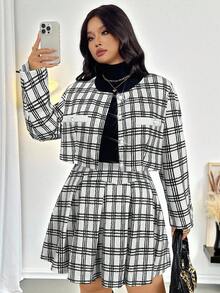 Firerie Plus Size Women's Elegant Commuter Workwear Sophisticated High-End Afternoon Tea Slightly Sexy Date Music Concert Collegiate Vintage Black & White Plaid Print Long Sleeve Jacket & Pleated Mini Skirt, Back To School Outfit Flannel Wednesday Addams In Fall/Winter