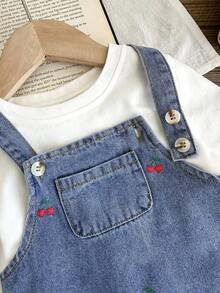 LMoss Kids 女婴樱桃图案蓝色休闲无袖牛仔背带裙 - 中等水洗藍 - 查看 10