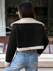 SHEIN EZwear 女士泰迪绒内衬拉链机车夹克，大翻领，秋冬款