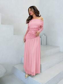 Jemour 新款一字肩长袖撞色网纱刺绣不对称下摆拼接超长高弹修身连衣裙优雅浪漫 - 粉色 - 查看 4