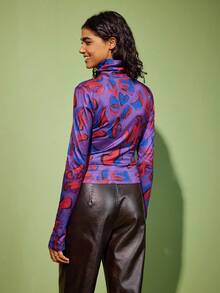 Felipe Marques Maglietta a collo alto a maniche lunghe con stampa floreale da donna, casual per l'autunno/inverno e le vacanze - Viola - Visualizzare 2