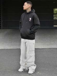 Devon Thys 男士休闲街头鲤鱼与莲花印花口袋抽绳连帽衫，保暖内衬，秋冬 - 黑色 - 查看 1