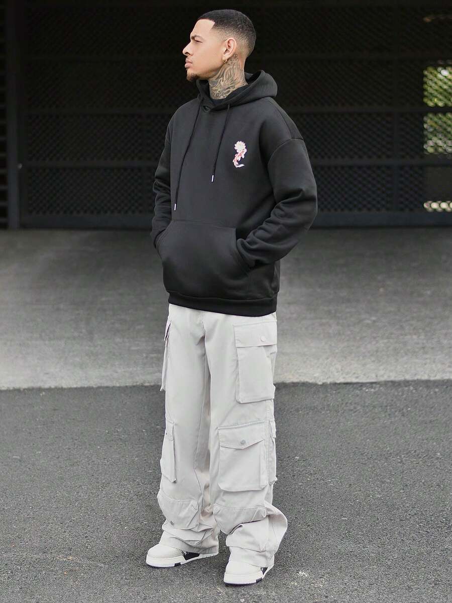 Devon Thys 男士休闲街头鲤鱼与莲花印花口袋抽绳连帽衫，保暖内衬，秋冬 - 黑色 - 查看 1