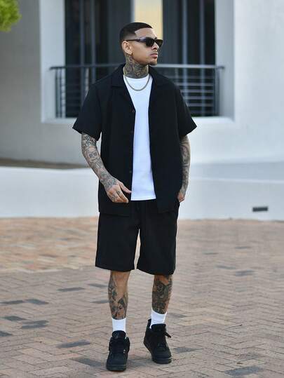 Devon Thys 男士两件套时尚欧式提花品牌休闲宽松衬衫和裤子套装，情侣海滩度假装，适合送给丈夫/男朋友的礼物，舒适服装