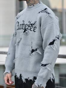 Devon Thys 男士街头时尚字母刺绣破洞百搭针织毛衣，秋冬 - 灰色 - 查看 3