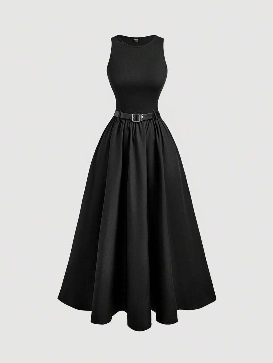 SHEIN MOD Váy không tay mùa hè màu trơn dành cho nữ kèm thắt lưng, trở lại trường - màu đen - Xem 1