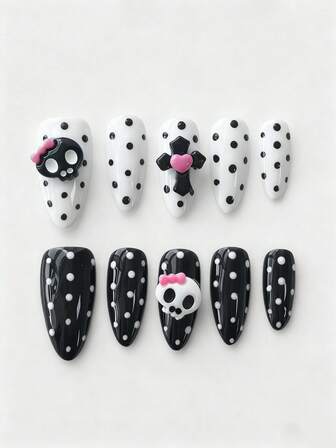 Anime 10pcs Cute Bowknot Music Note Star Element High Quality Handmade False Nails + 3pcs Double-Sided Adhesive, Y2K French Style Rhinestone Chain Polka Dot Removable Nail Art Stickers, Suitable For Holidays, Parties, Dancing And Daily Wear