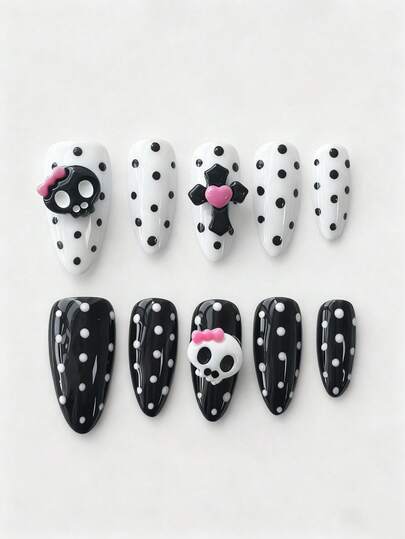 Anime 10pcs Cute Bowknot Music Note Star Element High Quality Handmade False Nails + 3pcs Double-Sided Adhesive, Y2K French Style Rhinestone Chain Polka Dot Removable Nail Art Stickers, Suitable For Holidays, Parties, Dancing And Daily Wear