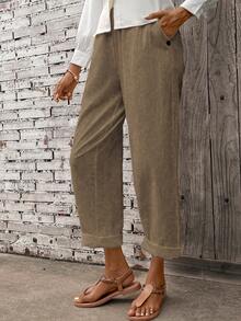 Breezaya 女式纯色松紧腰口袋锥形休闲裤 - 卡其色 - 查看 8