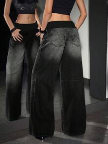 SHEIN PETITE Jeans anchos y sueltos de mujer con cintura de contraste, versátiles y casuales