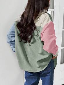 SHEIN EZwear 撞色落肩字母拼接灯芯绒外套罩衫夹克夏季短款夹克女式夹克街头风女装 - 彩色 - 查看 2