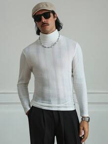 Manfinity Homme 男士白色高领保暖修身T恤，采用纹理弹力面料，更贴合身形，适合所有人穿着，经典必备单品。冬季男士长袖上衣 - 白色 - 查看 5