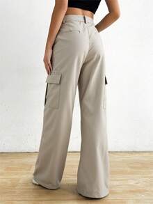Pantalones Cargo de Mujer de Cintura Alta y Pierna Ancha, con Diseño de Bolsillos Múltiples y Opciones de Longitud, Estilosos y Versátiles - Albaricoque - Ver 3