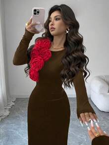 Rafferiza Women's Autumn/Winter Round Neck 3D Floral Velvet Bodycon Waist Cinching Long Dress, Elegant Party & Christmas Evening Gown Long Brown Dress Chocolate Brown Dress Brown Velvet Dress Long Sleeve Brown Dress - Brown - View 6