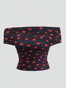 Olithes Versatile Women's T-Shirt Valentine's Day Heart Print T-Shirt Fashionable Off-Shoulder T-Shirt Halter Neck Top Off Shoulder Top Crop Top Heart Print Top Ruched Top Y2k Clothes Women Tops Halter Top Womens Tops - Multicolor - View 4