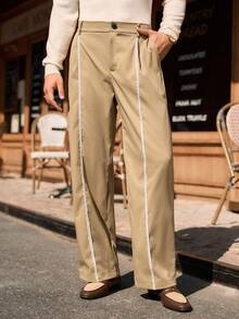 Manfinity VCAY 男士口袋宽松阔腿休闲裤，百搭男士侧条纹阔腿裤，卡其色阔腿裤，高腰阔腿裤 - 卡其色 - 查看 4