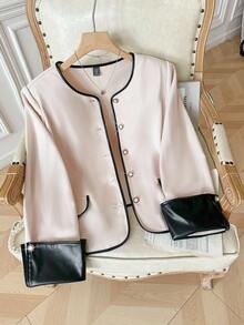 Modelyn Chaqueta elegante y versátil de talla grande con cuello redondo, manga larga, botones delanteros y ribete de color block