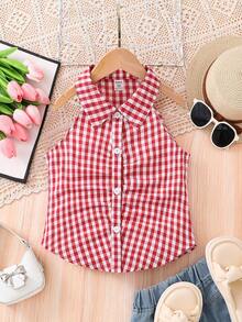 SHEIN Áo ngắn kẻ caro đỏ dáng suông, ngọt ngào và dễ thương kiểu Pháp, cổ yếm, cài cúc, dành cho bé gái (cỡ lớn) mùa xuân/hè. - Màu xanh lam - Xem 5