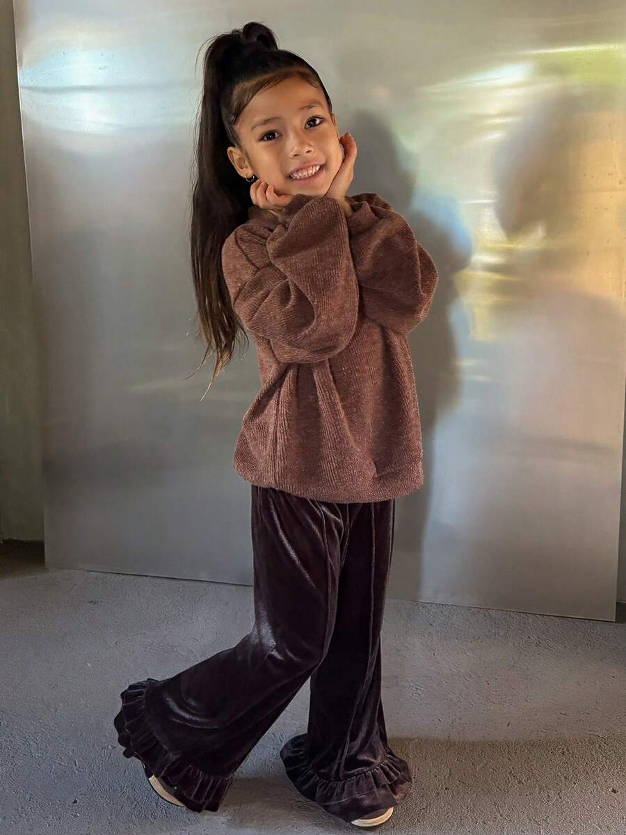 DAZY Young Girl Plain Drop Shoulder Long Sleeve Turndown Collar Half Placket Casual Sweatshirt - Brown - View 1