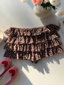 Comfortcana 2025秋冬新款时尚女式豹纹蝴蝶结装饰叠层休闲短裤 春季女式情人节沙滩度假女式豹纹短裤 - 棕色 - 查看 2