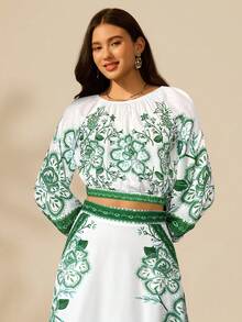 CAJUNI 女士度假休闲热带花卉印花长灯笼袖黑色圆领短款衬衫，女士长袖衬衫，女士度假装 - 綠色 - 查看 5