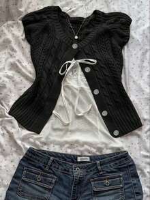 Chiquease 新款复古编织镂空设计单排扣针织上衣 - 黑色 - 查看 1