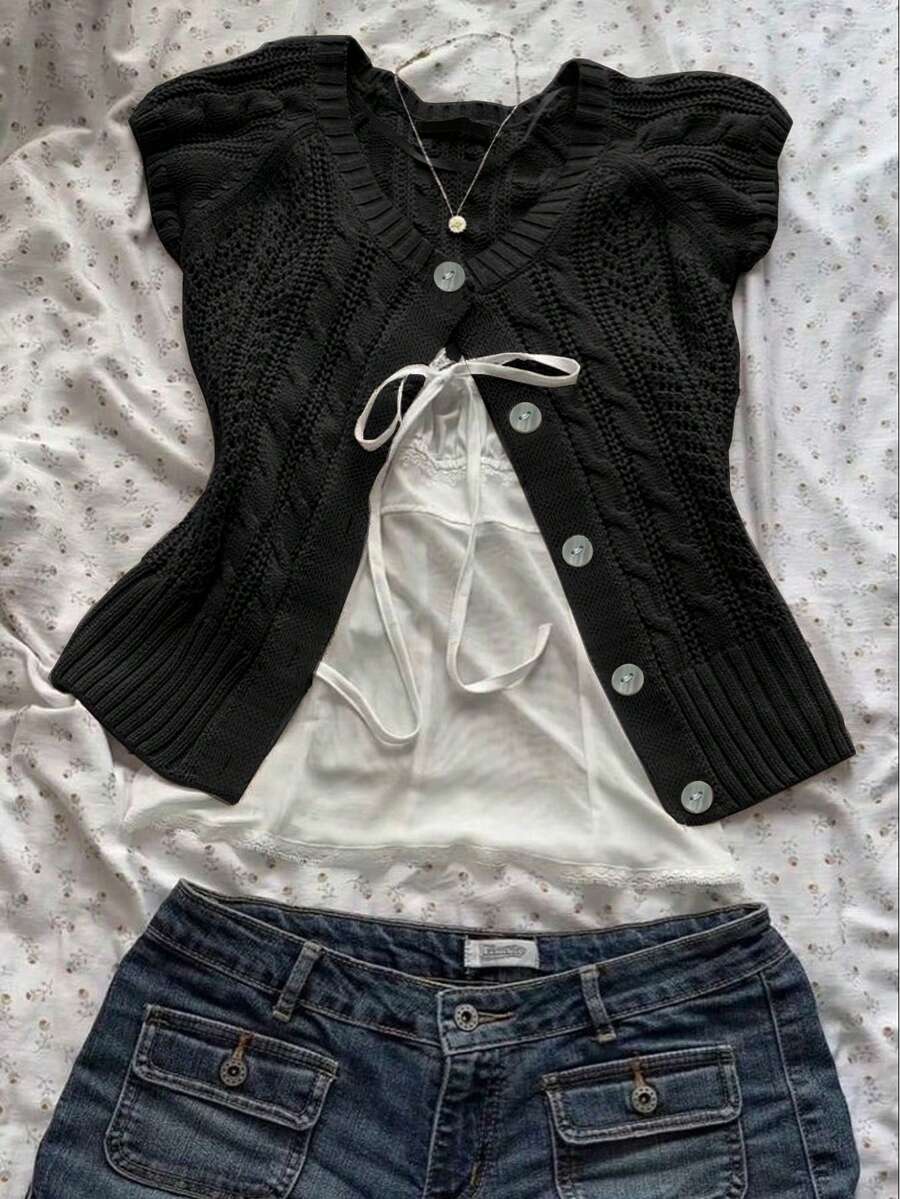 Chiquease 新款复古编织镂空设计单排扣针织上衣 - 黑色 - 查看 1