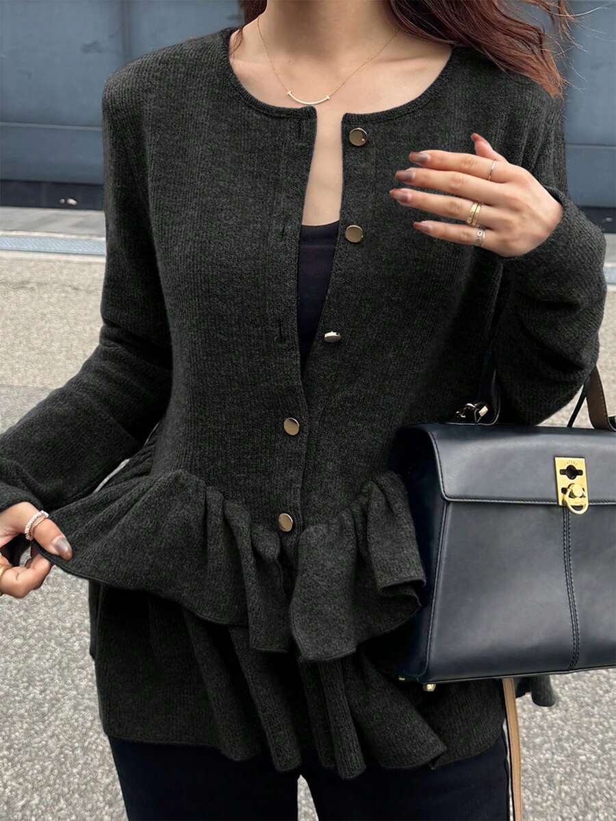 FRIFUL Women's Casual Solid Color Ruffle Hem Button Front T-Shirt, Autumn/Winter - Black - View 1