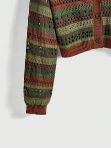 ROMWE Hippie Women's Striped Drop Shoulder Long Sleeve Single-Breasted Casual Hollow-Out Knit Cardigan - Multicolor - View 4